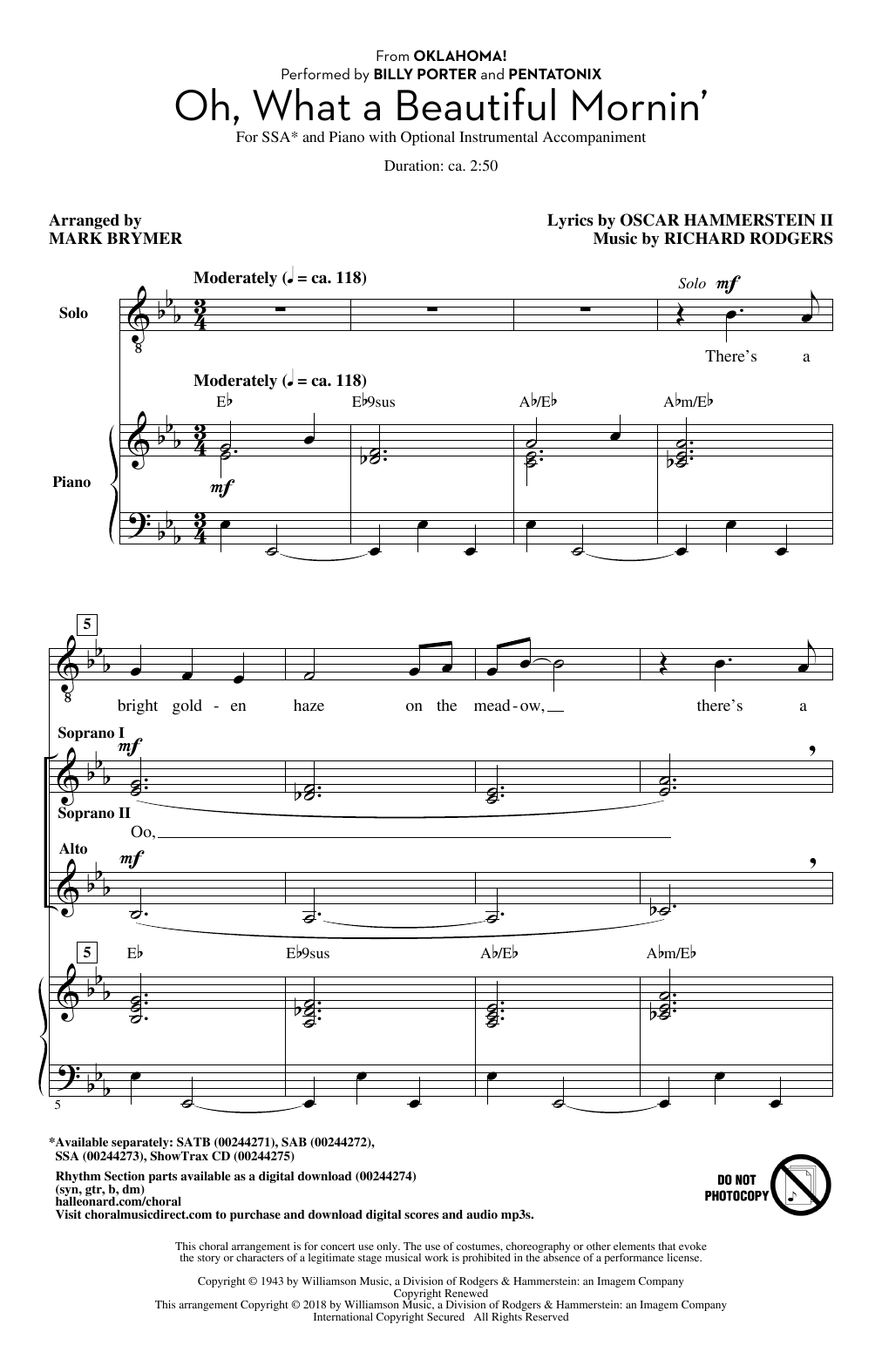 Mark Brymer Oh, What A Beautiful Mornin' (from Oklahoma!) sheet music notes and chords arranged for SSA Choir