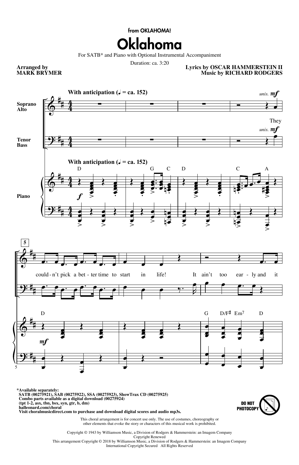 Mark Brymer Oklahoma (from Oklahoma!) sheet music notes and chords arranged for SAB Choir
