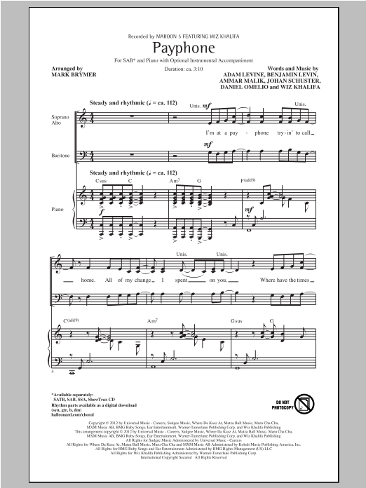 Mark Brymer Payphone sheet music notes and chords arranged for SAB Choir