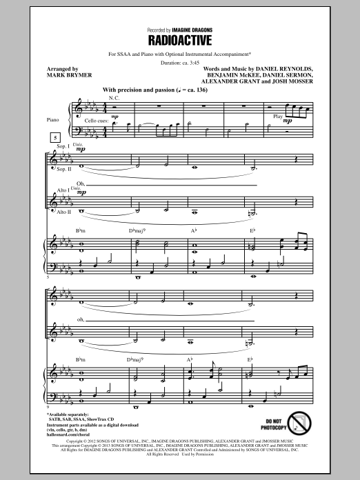 Mark Brymer Radioactive sheet music notes and chords arranged for SSA Choir