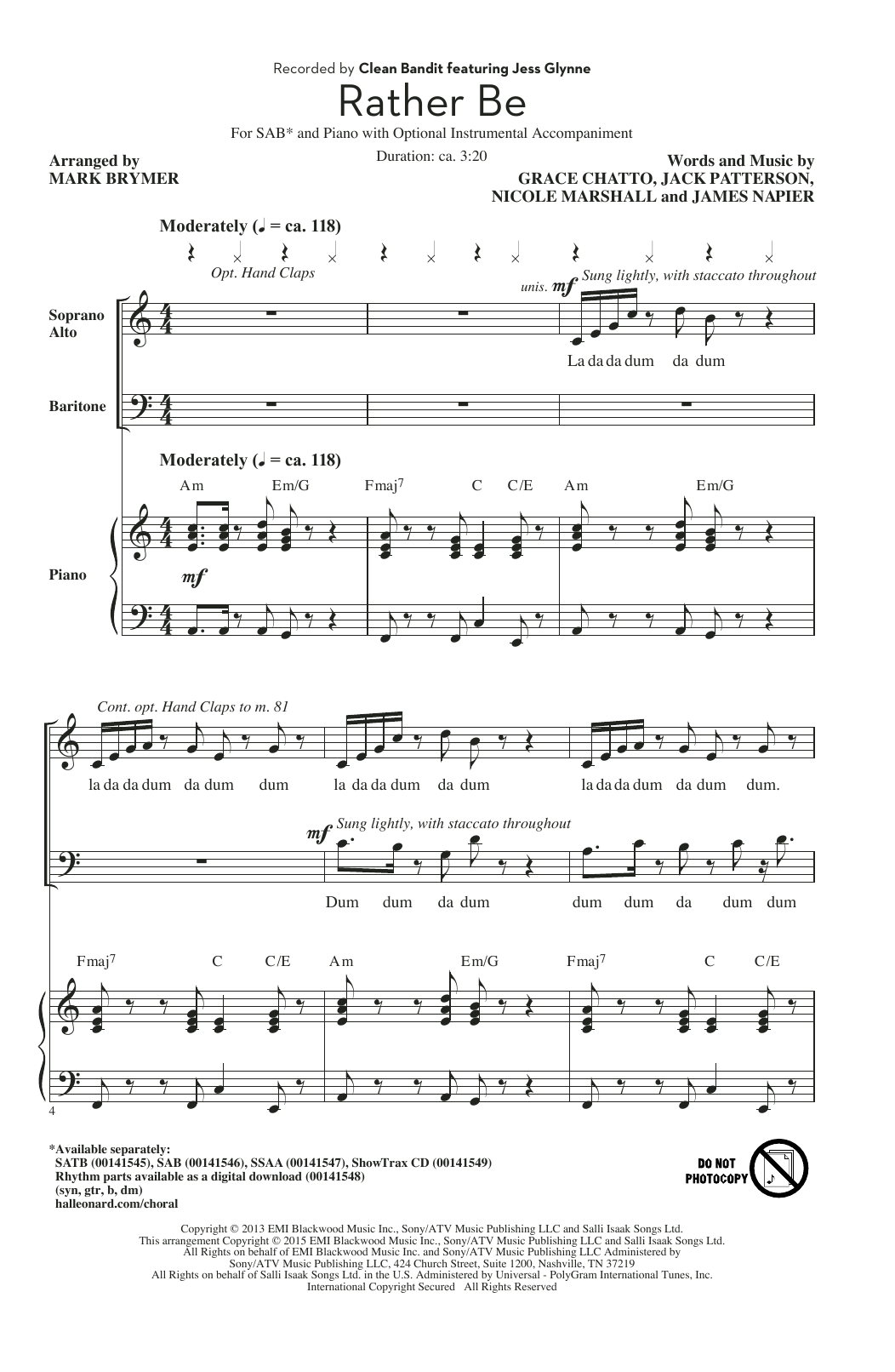 Mark Brymer Rather Be sheet music notes and chords arranged for SAB Choir
