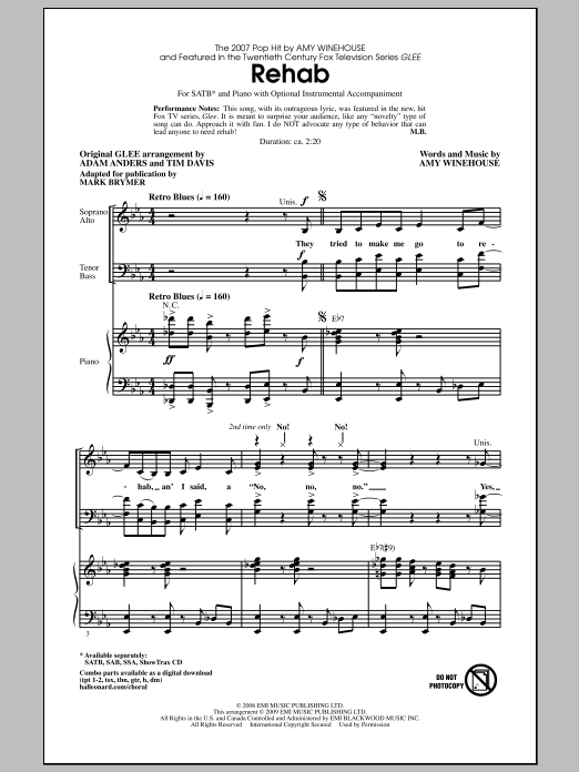 Mark Brymer Rehab sheet music notes and chords arranged for SATB Choir