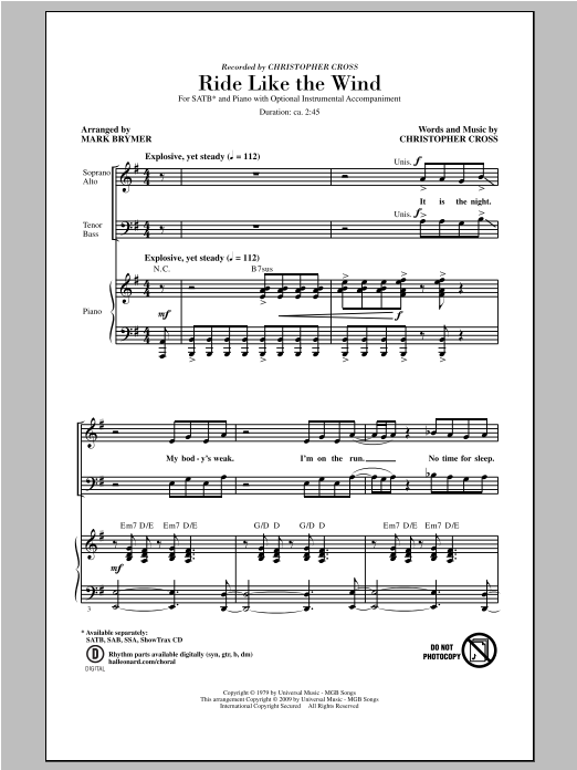 Mark Brymer Ride Like The Wind sheet music notes and chords arranged for SAB Choir