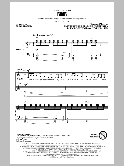 Mark Brymer Roar sheet music notes and chords arranged for SSA Choir