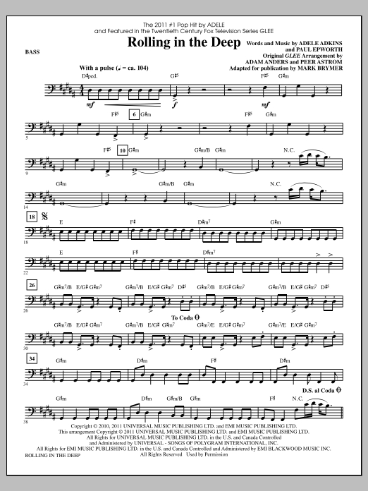 Mark Brymer Rolling In The Deep - Bass sheet music notes and chords arranged for Choir Instrumental Pak
