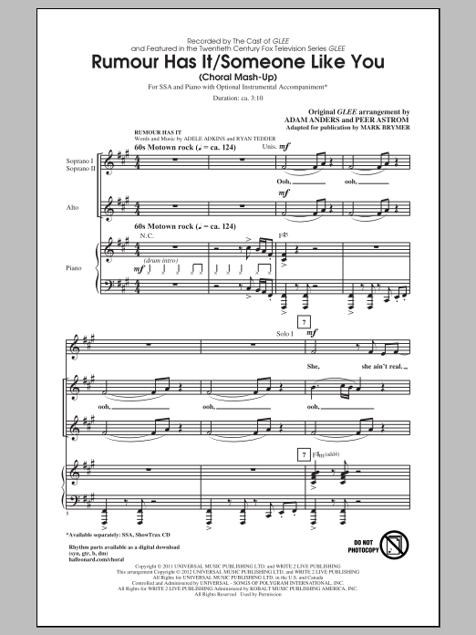 Mark Brymer Rumour Has It / Someone Like You sheet music notes and chords arranged for SSA Choir