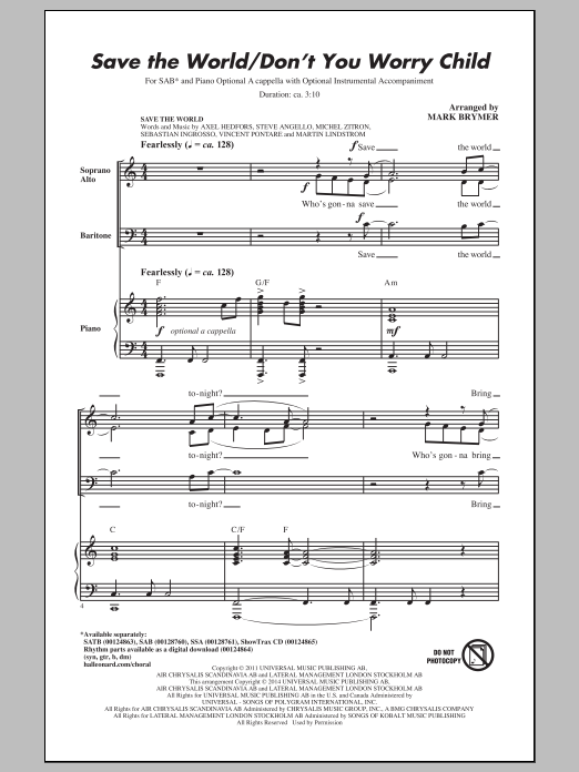 Mark Brymer Save The World/Don't You Worry Child sheet music notes and chords arranged for SSA Choir