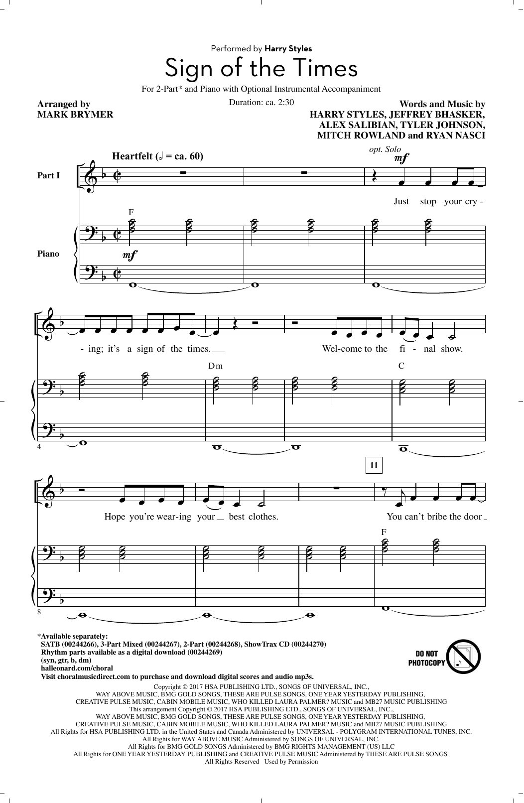 Mark Brymer Sign Of The Times sheet music notes and chords arranged for SATB Choir