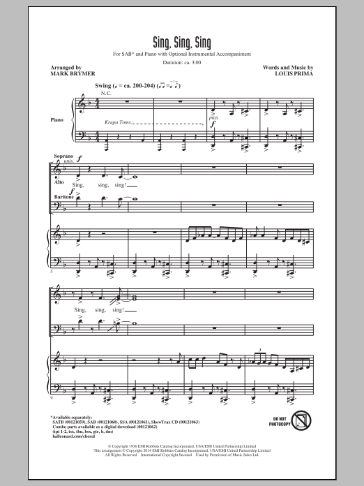 Mark Brymer Sing, Sing, Sing sheet music notes and chords arranged for SSA Choir