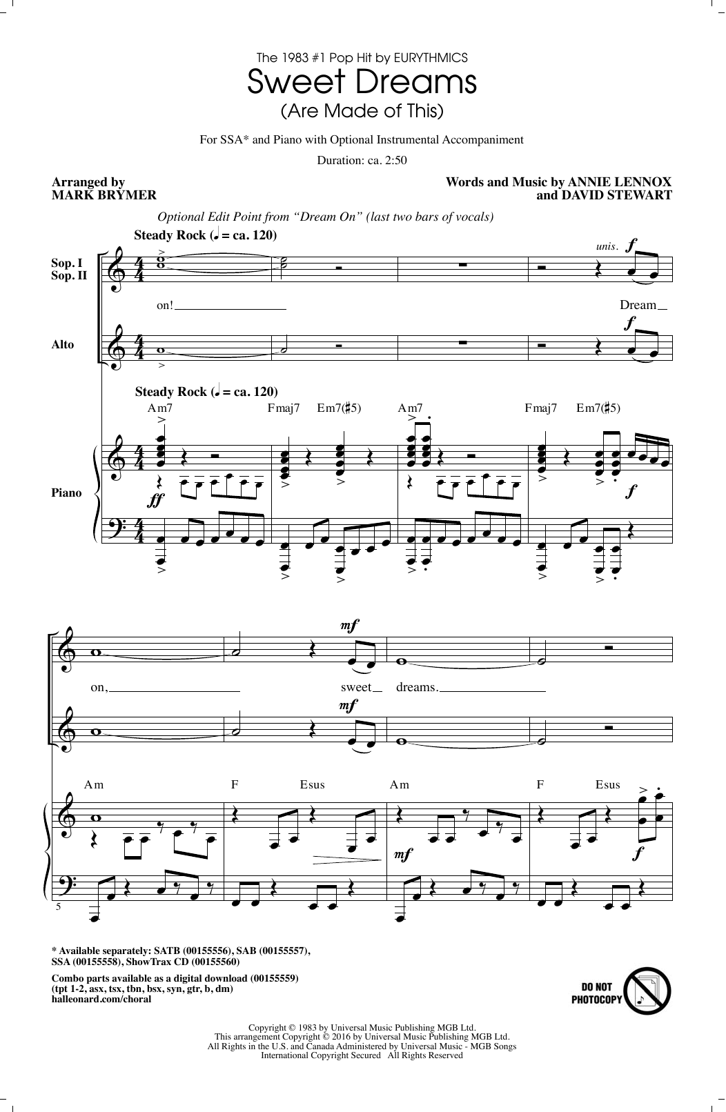 Mark Brymer Sweet Dreams (Are Made Of This) sheet music notes and chords arranged for SSA Choir