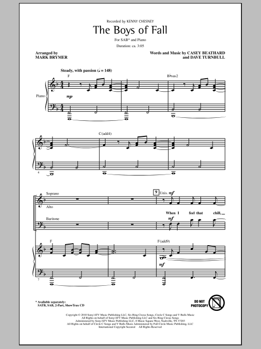 Mark Brymer The Boys Of Fall sheet music notes and chords arranged for SATB Choir