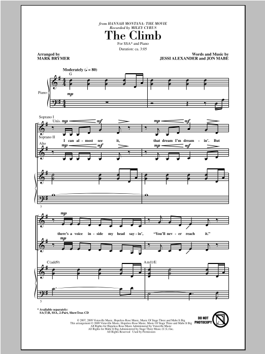 Mark Brymer The Climb (from Hannah Montana: The Movie) (arr. Mark Brymer) sheet music notes and chords arranged for SSA Choir