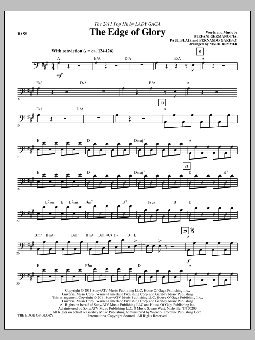 Mark Brymer The Edge Of Glory - Bass sheet music notes and chords arranged for Choir Instrumental Pak