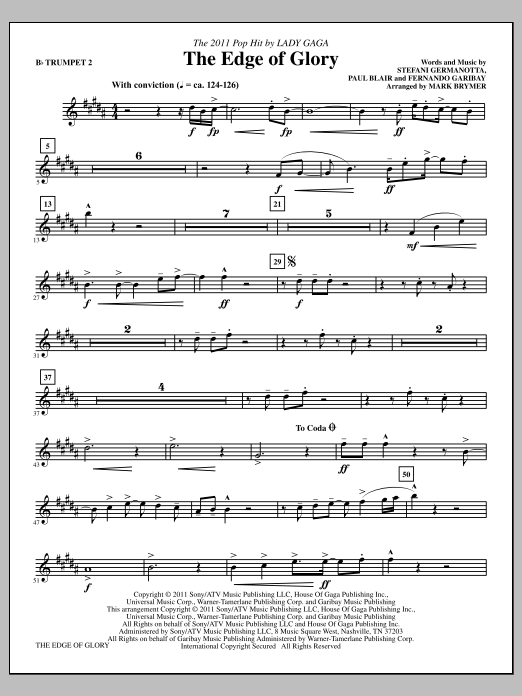 Mark Brymer The Edge Of Glory - Bb Trumpet 2 sheet music notes and chords arranged for Choir Instrumental Pak