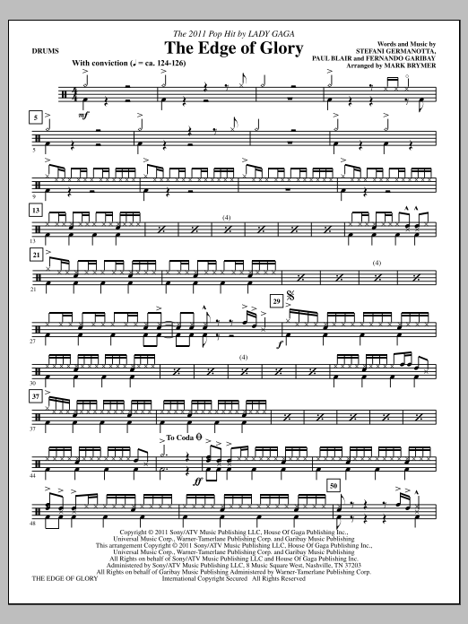 Mark Brymer The Edge Of Glory - Drums sheet music notes and chords arranged for Choir Instrumental Pak