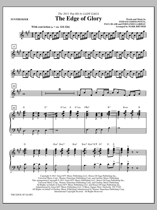 Mark Brymer The Edge Of Glory - Synthesizer sheet music notes and chords arranged for Choir Instrumental Pak