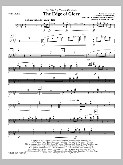Mark Brymer The Edge Of Glory - Trombone sheet music notes and chords arranged for Choir Instrumental Pak