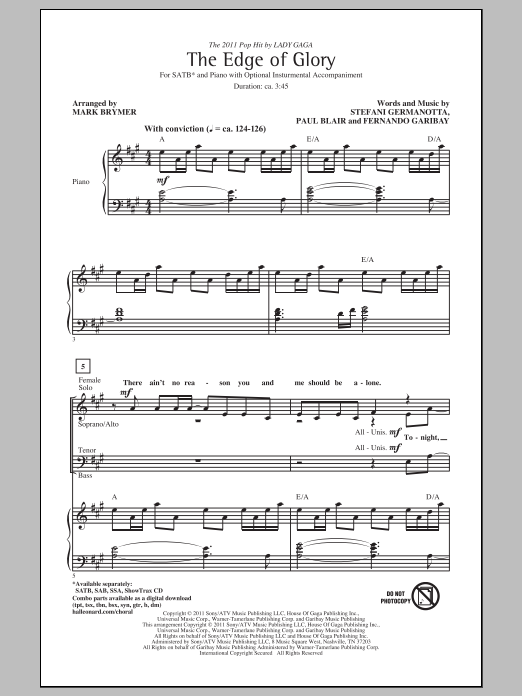 Mark Brymer The Edge Of Glory sheet music notes and chords arranged for SAB Choir