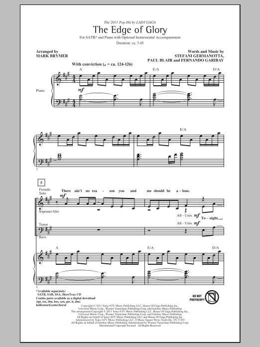 Mark Brymer The Edge Of Glory sheet music notes and chords arranged for SSA Choir