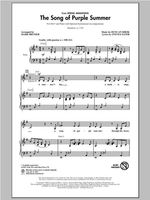 Mark Brymer The Song Of Purple Summer sheet music notes and chords arranged for SAB Choir