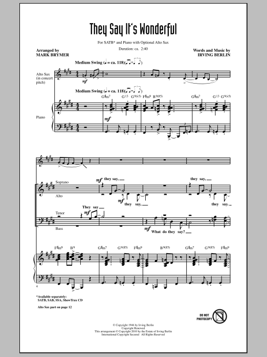 Mark Brymer They Say It's Wonderful sheet music notes and chords arranged for SATB Choir