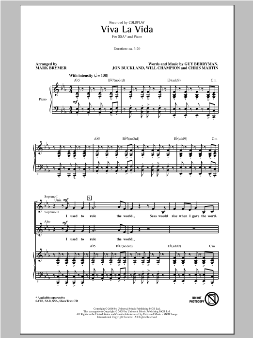 Mark Brymer Viva La Vida sheet music notes and chords arranged for SSA Choir