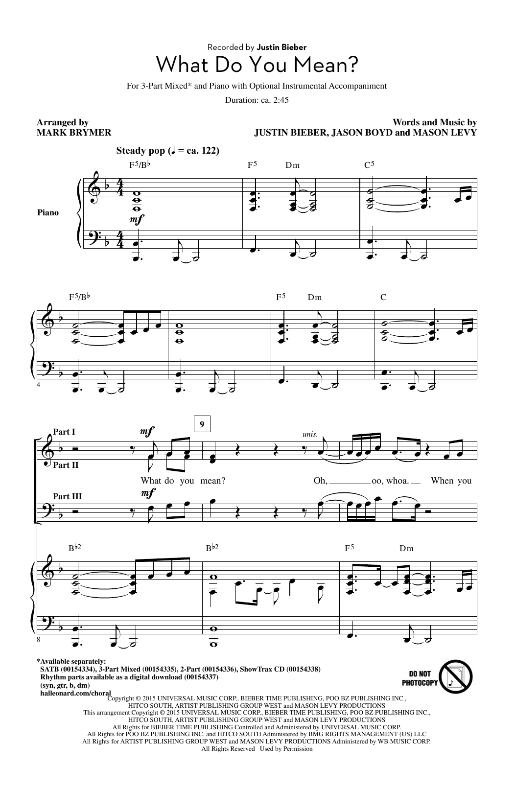 Mark Brymer What Do You Mean? sheet music notes and chords arranged for 3-Part Mixed Choir