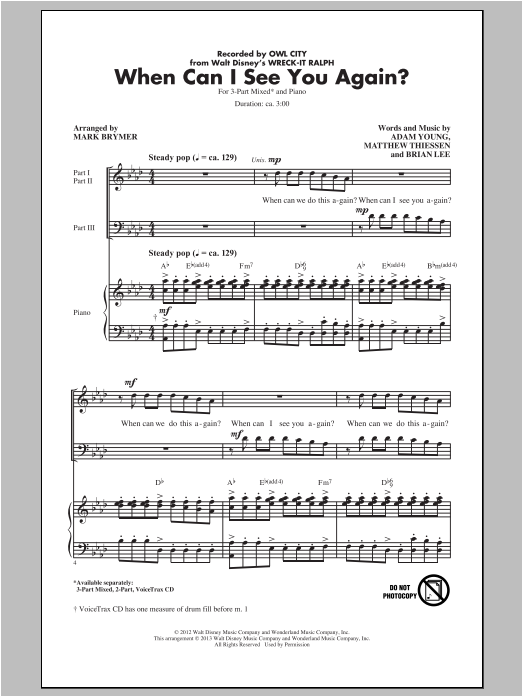 Mark Brymer When Can I See You Again? sheet music notes and chords arranged for 3-Part Mixed Choir