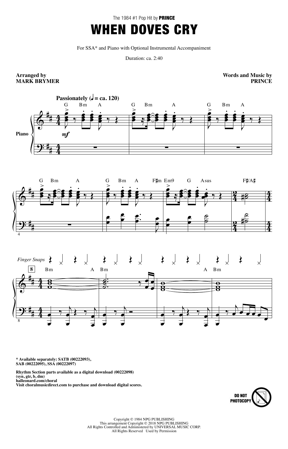 Mark Brymer When Doves Cry sheet music notes and chords arranged for SSA Choir
