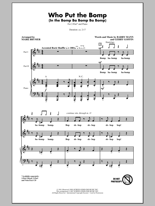 Mark Brymer Who Put The Bomp (In The Bomp Ba Bomp Ba Bomp) sheet music notes and chords arranged for 2-Part Choir