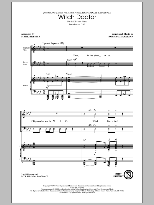 Mark Brymer Witch Doctor (from Alvin And The Chipmunks) sheet music notes and chords arranged for SATB Choir