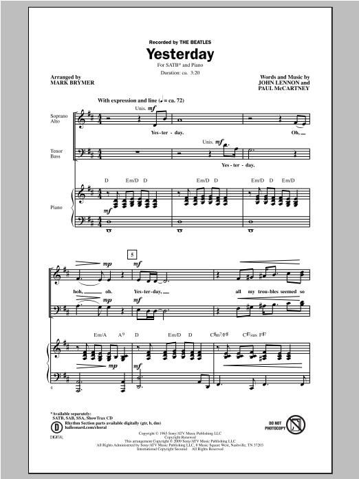 Mark Brymer Yesterday sheet music notes and chords arranged for SATB Choir