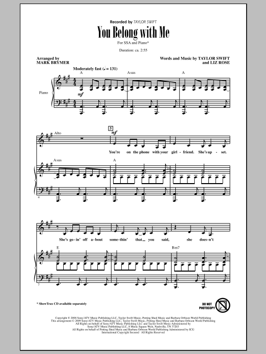 Mark Brymer You Belong With Me sheet music notes and chords arranged for SSA Choir