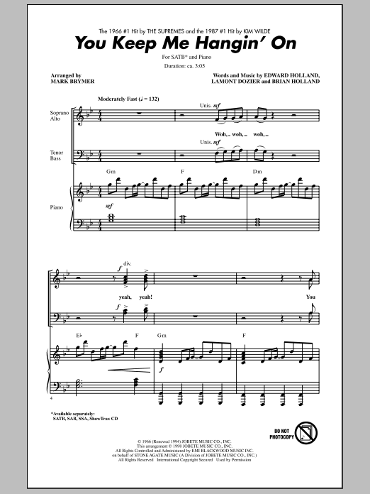 Mark Brymer You Keep Me Hangin' On sheet music notes and chords arranged for SSA Choir