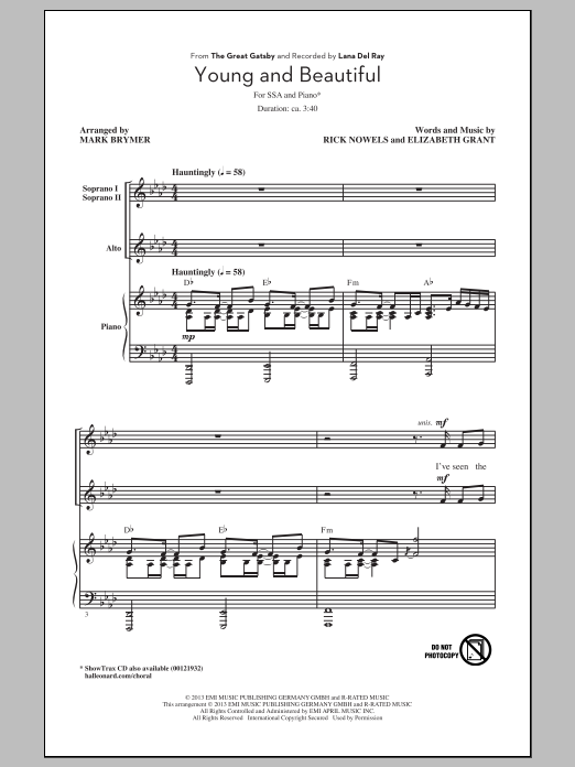 Mark Brymer Young And Beautiful sheet music notes and chords arranged for SSA Choir