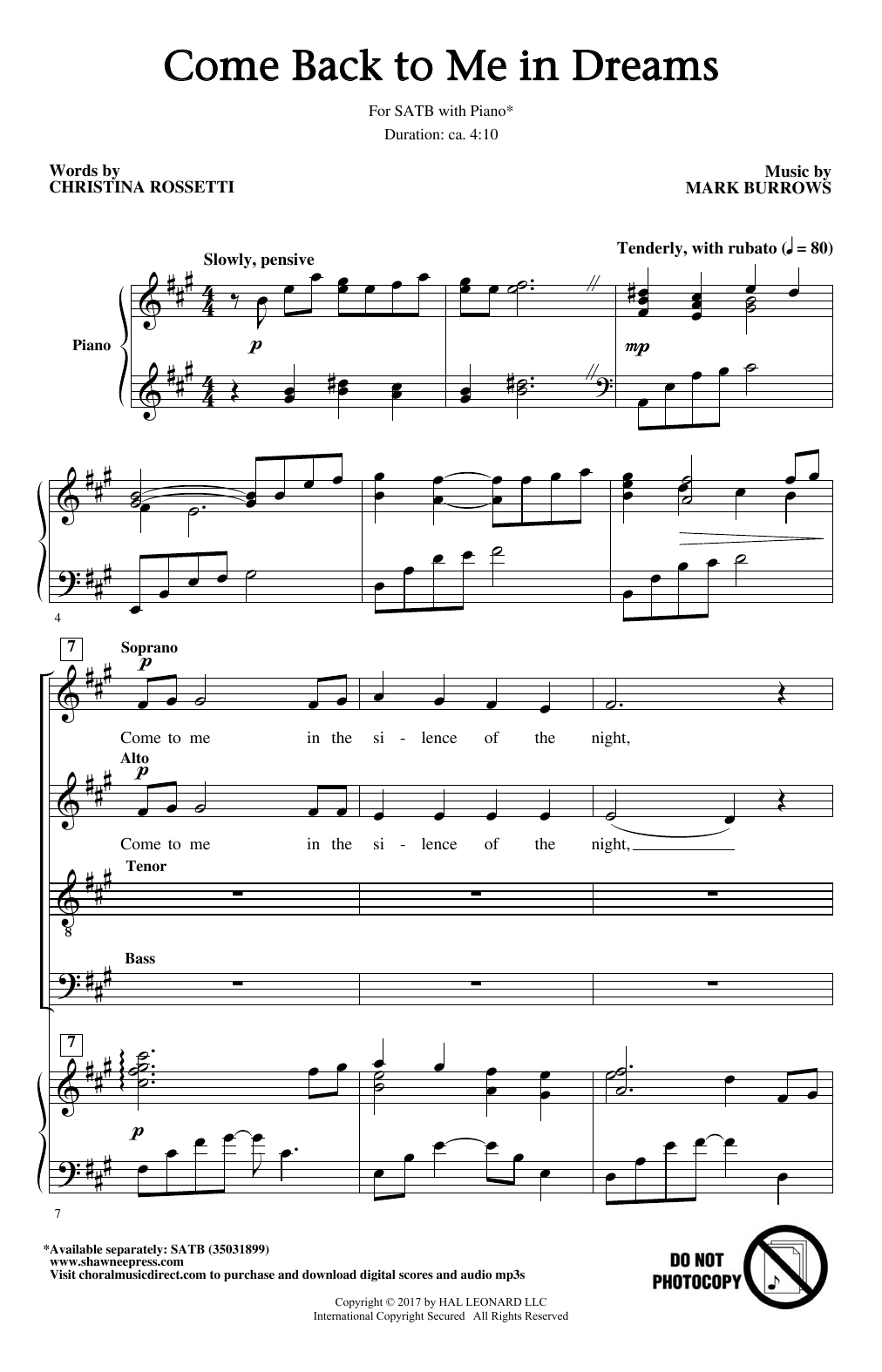 Mark Burrows Come Back To Me In Dreams sheet music notes and chords arranged for SATB Choir