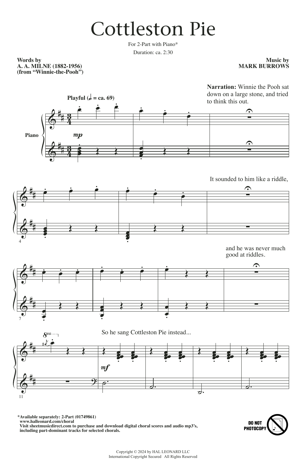 Mark Burrows Cottleston Pie sheet music notes and chords arranged for 2-Part Choir