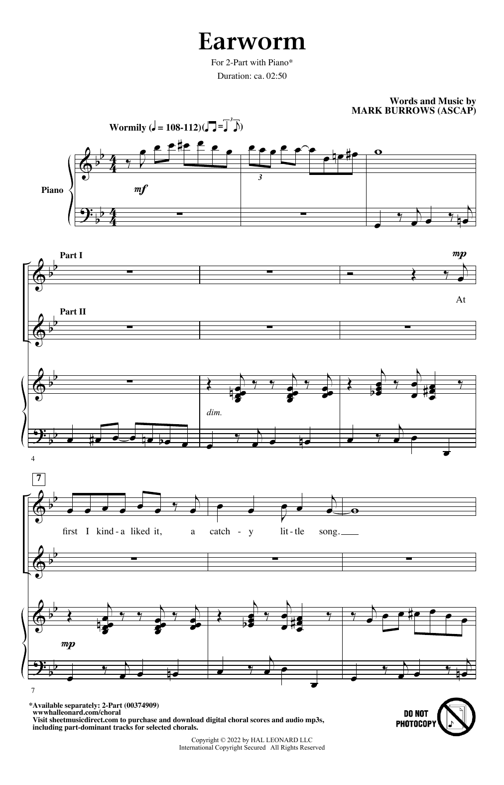 Mark Burrows Earworm sheet music notes and chords arranged for 2-Part Choir