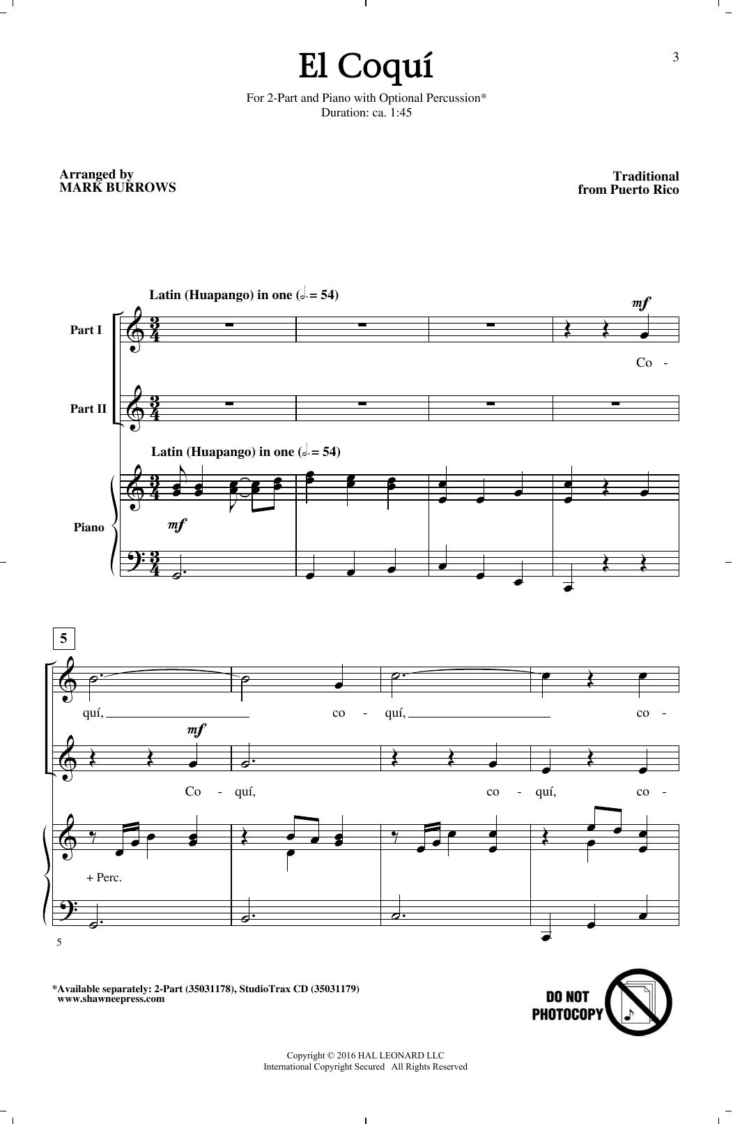 Mark Burrows El Coqui sheet music notes and chords arranged for 2-Part Choir
