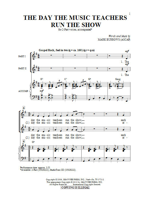 Mark Burrows The Day The Music Teachers Run The Show sheet music notes and chords arranged for 2-Part Choir