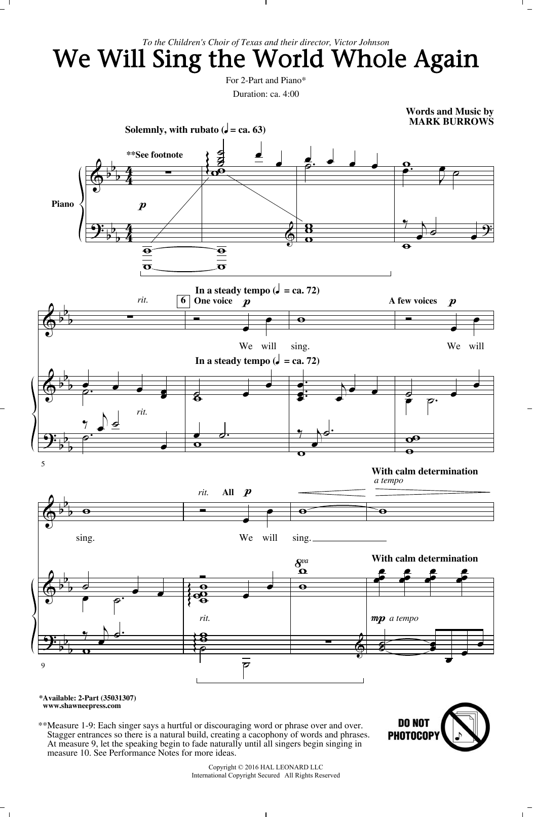Mark Burrows We Will Sing The World Whole Again sheet music notes and chords arranged for 2-Part Choir