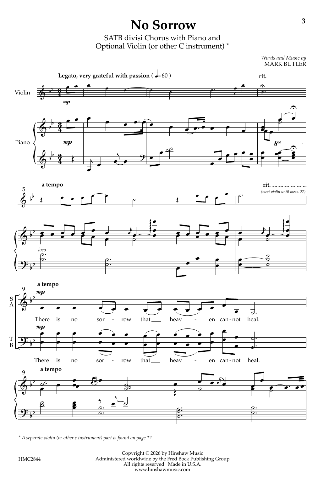 Mark Butler No Sorrow sheet music notes and chords arranged for Choir