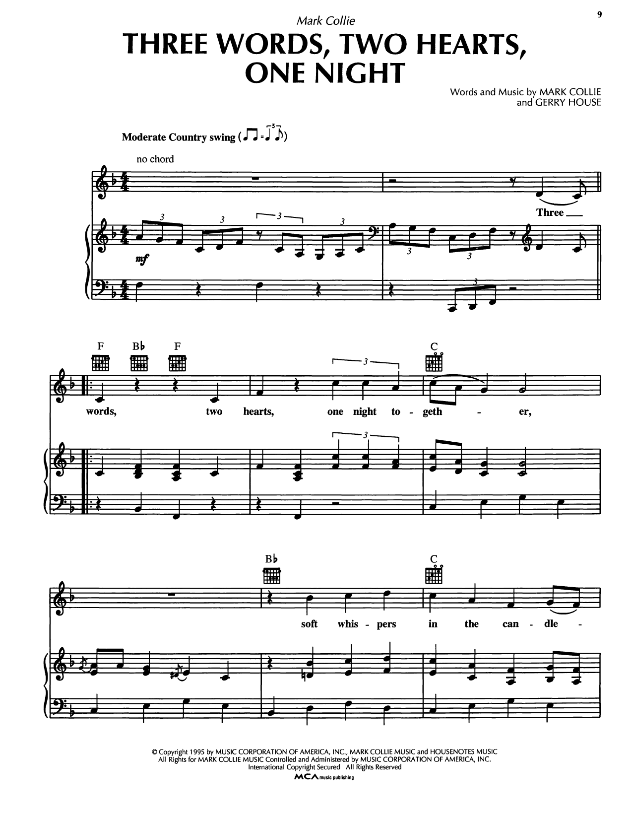 Mark Collie Three Words, Two Hearts, One Night sheet music notes and chords arranged for Piano, Vocal & Guitar Chords (Right-Hand Melody)