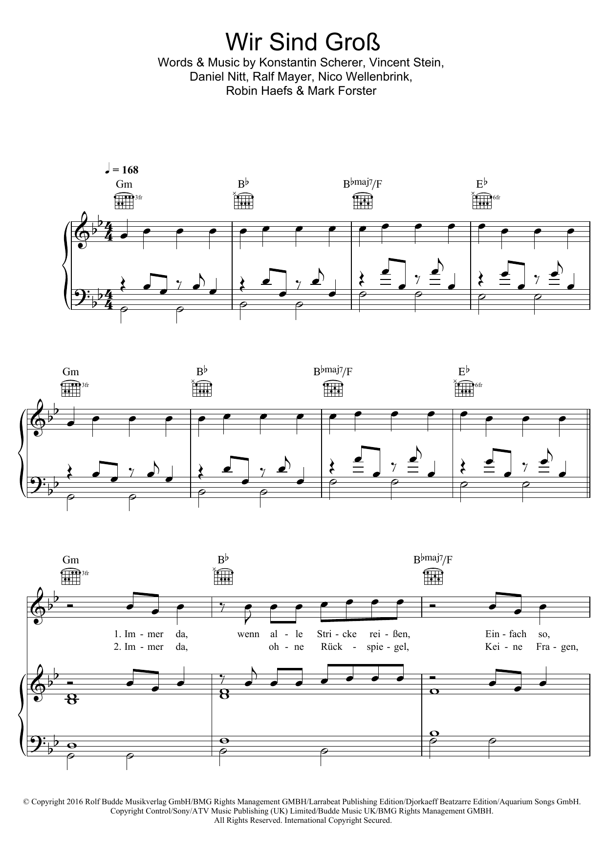 Mark Forster Wir Sind Gross sheet music notes and chords arranged for Piano, Vocal & Guitar Chords (Right-Hand Melody)