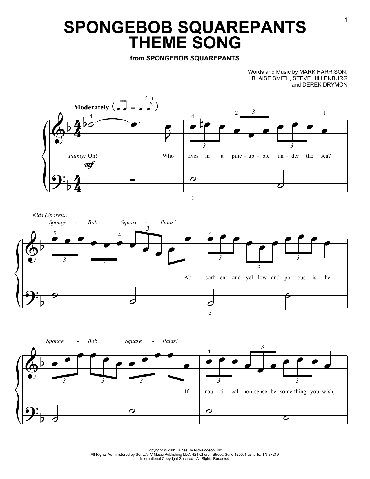 Mark Harrison SpongeBob SquarePants Theme Song sheet music notes and chords arranged for 5-Finger Piano