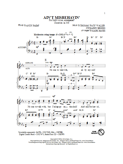 Mark Hayes Ain't Misbehavin' sheet music notes and chords arranged for SAB Choir