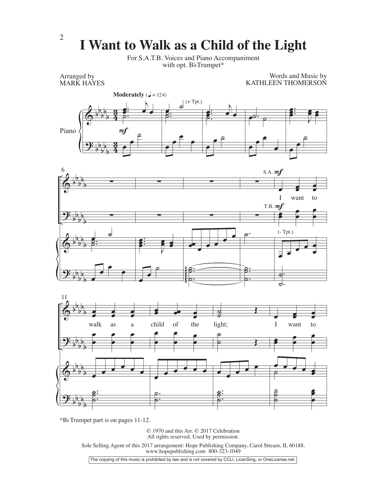 Mark Hayes I Want to Walk as a Child of the Light sheet music notes and chords arranged for SATB Choir