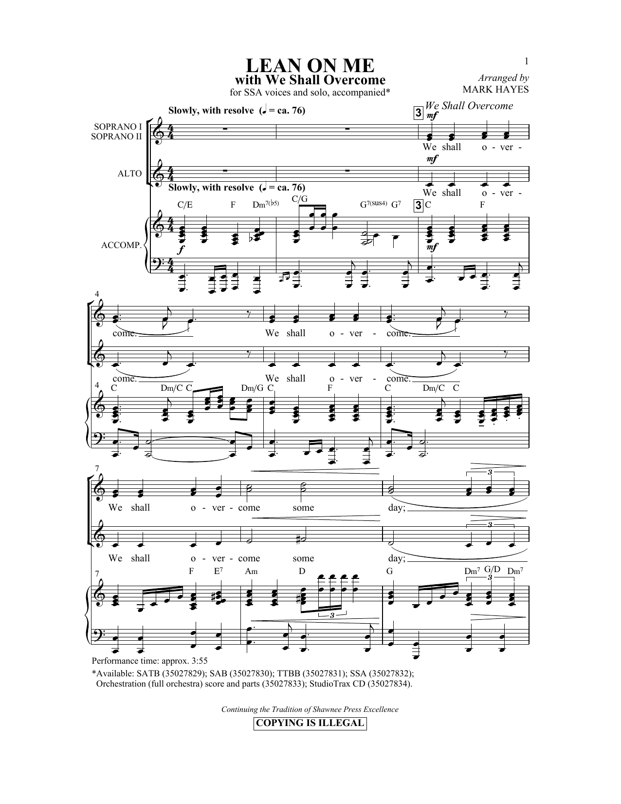 Mark Hayes Lean On Me (with We Shall Overcome) sheet music notes and chords arranged for SSA Choir