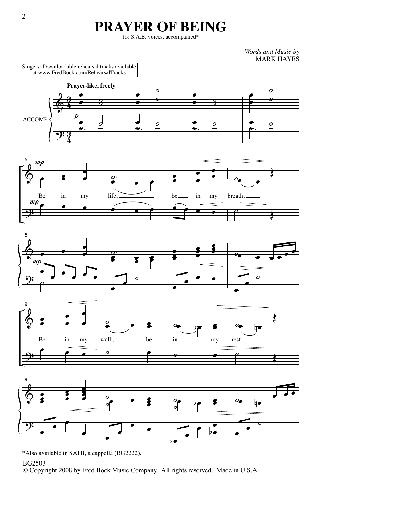 Mark Hayes Prayer Of Being sheet music notes and chords arranged for SAB Choir