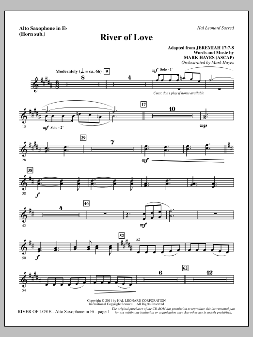 Mark Hayes River Of Love - Alto Sax (sub. Horn) sheet music notes and chords arranged for Choir Instrumental Pak